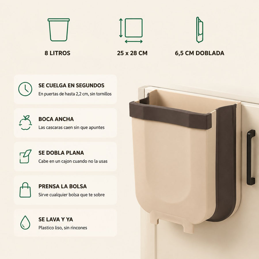 Ficha de la caneca plegable: 8 litros, 25 x 28 cm, 6,5 cm doblada, se cuelga sin tornillos