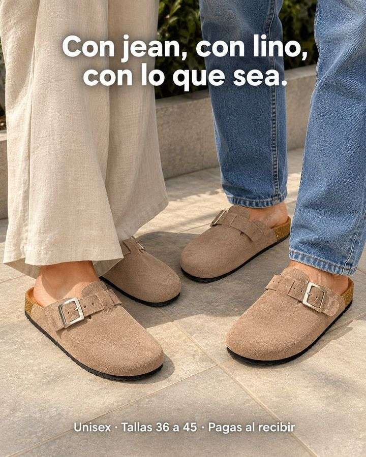 Pareja usando suecos en cuero con jean y lino