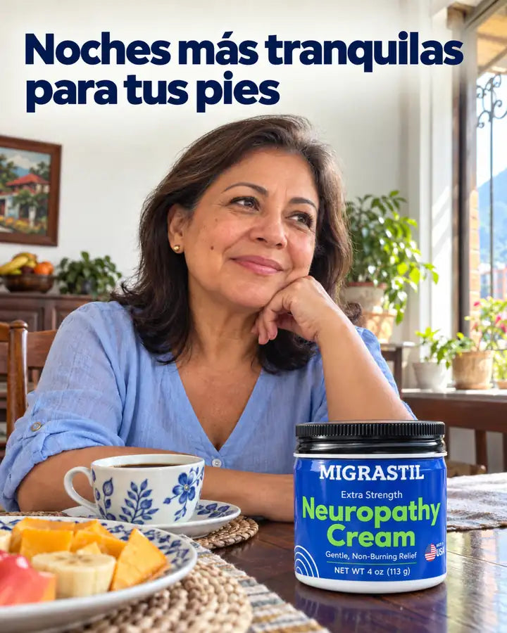 Mujer tranquila en su comedor con el frasco de Migrastil