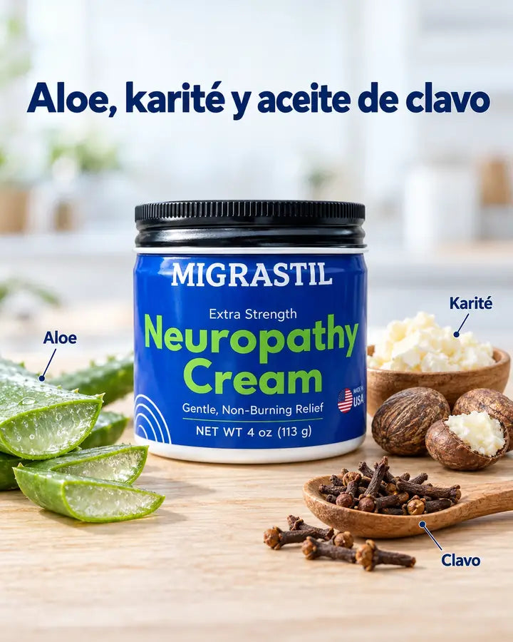 Frasco rodeado de aloe, karité y clavo de olor