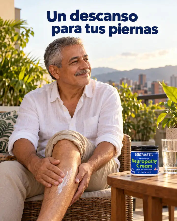 Hombre en su terraza aplicándose la crema en la pierna