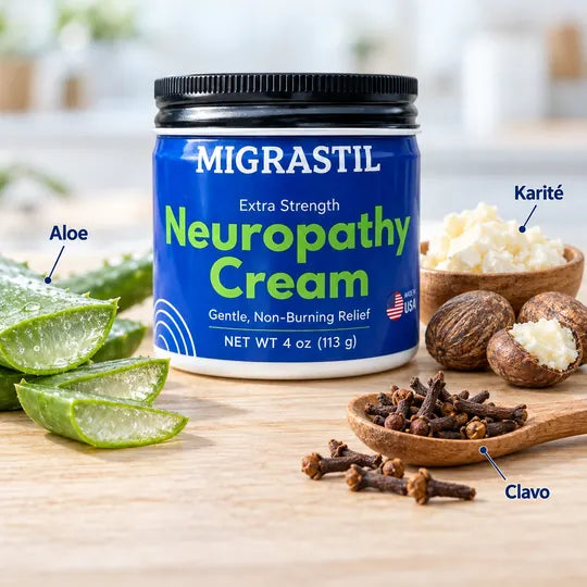 Frasco de Migrastil rodeado de aloe y karité