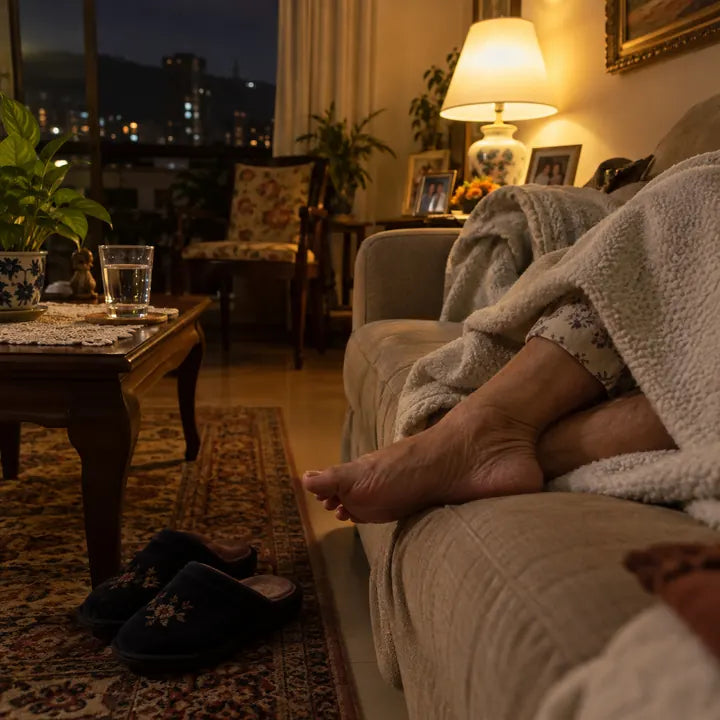 Sala en penumbra, una persona descansando en el sofá con los pies descubiertos